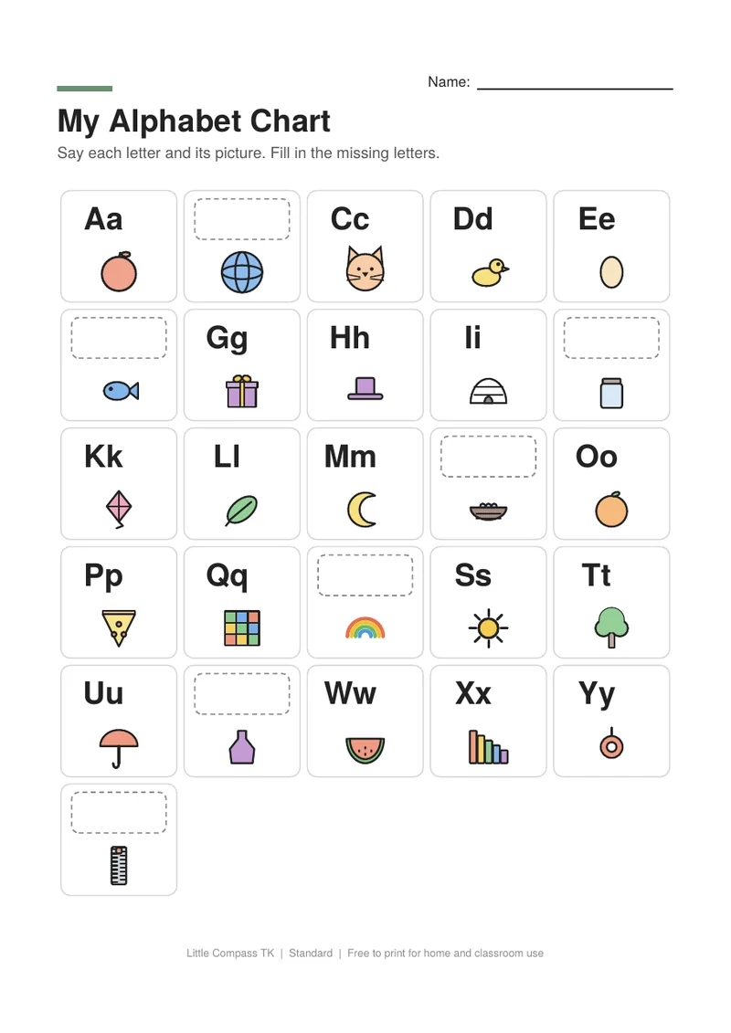 Printable alphabet chart with letters A to Z and a picture for each letter, with some letters to fill in
