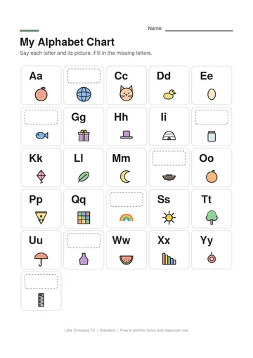 Printable alphabet chart with letters A to Z and a picture for each letter, with some letters to fill in