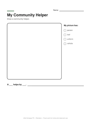 Printable worksheet with a drawing box for a community helper and sentence lines