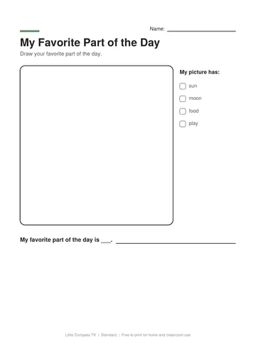 Printable worksheet with a drawing box for a favorite part of the day and sentence lines