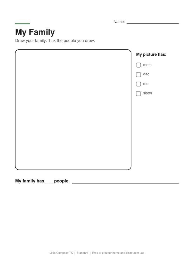 Printable worksheet with a big drawing box, a checklist of family members and sentence lines