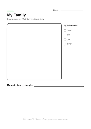 Printable worksheet with a big drawing box, a checklist of family members and sentence lines