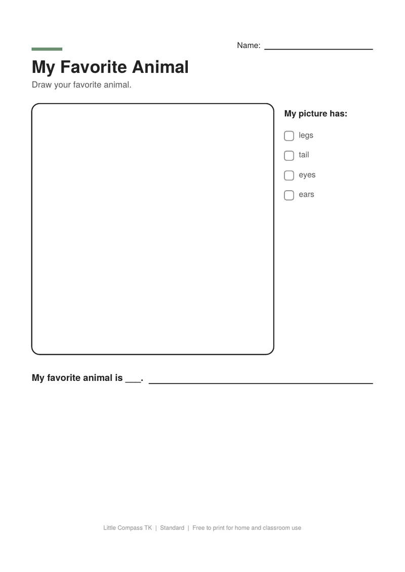 Printable worksheet with a drawing box for a favorite animal and sentence lines