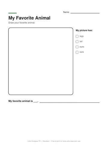 Printable worksheet with a drawing box for a favorite animal and sentence lines