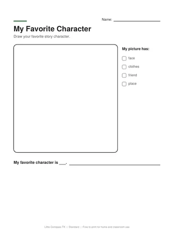 Printable worksheet with a drawing box and sentence lines for a favorite story character