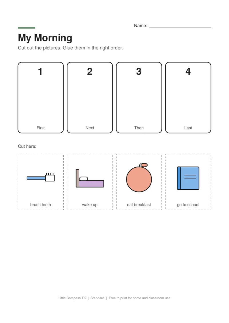 Printable worksheet with numbered boxes and cut-out morning pictures to glue in order