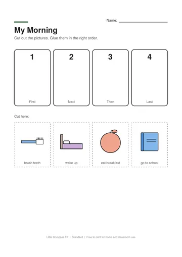 Printable worksheet with numbered boxes and cut-out morning pictures to glue in order