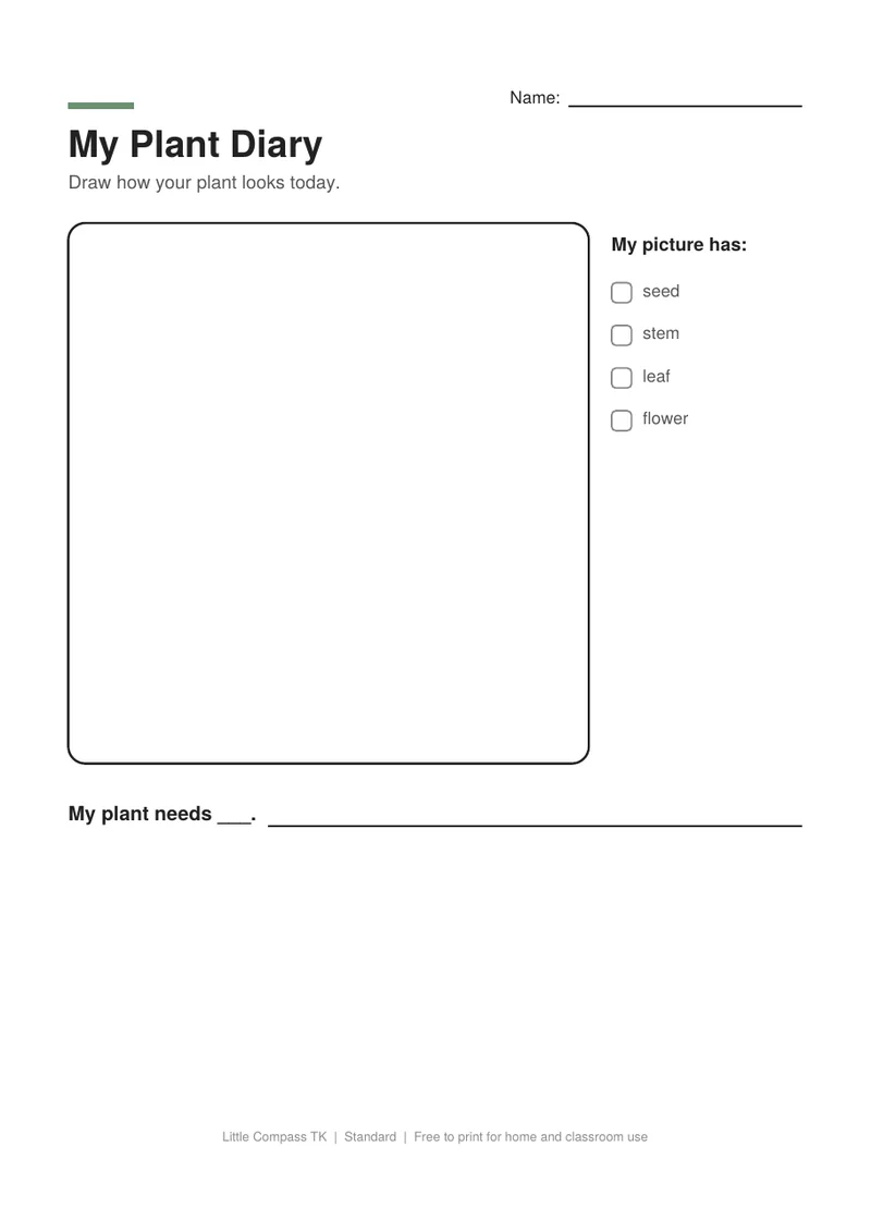 Printable worksheet with a drawing box and sentence lines for a plant diary