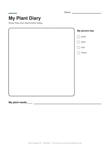 Printable worksheet with a drawing box and sentence lines for a plant diary