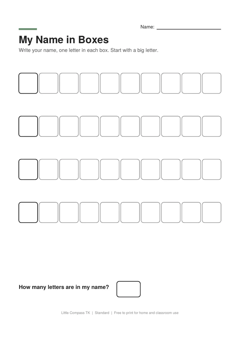 Printable worksheet with rows of boxes to write one letter of a name in each box
