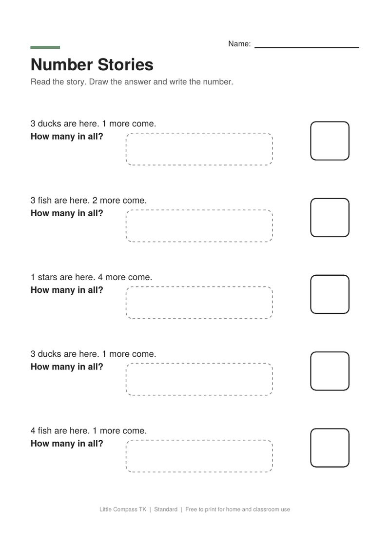 Printable worksheet with number stories to draw and solve