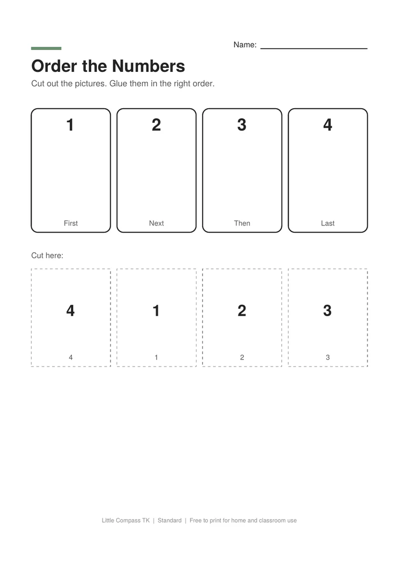 Printable worksheet with numbered boxes and cut-out number cards to glue in order