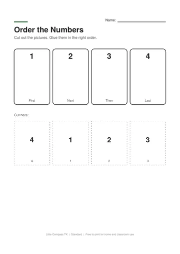 Printable worksheet with numbered boxes and cut-out number cards to glue in order