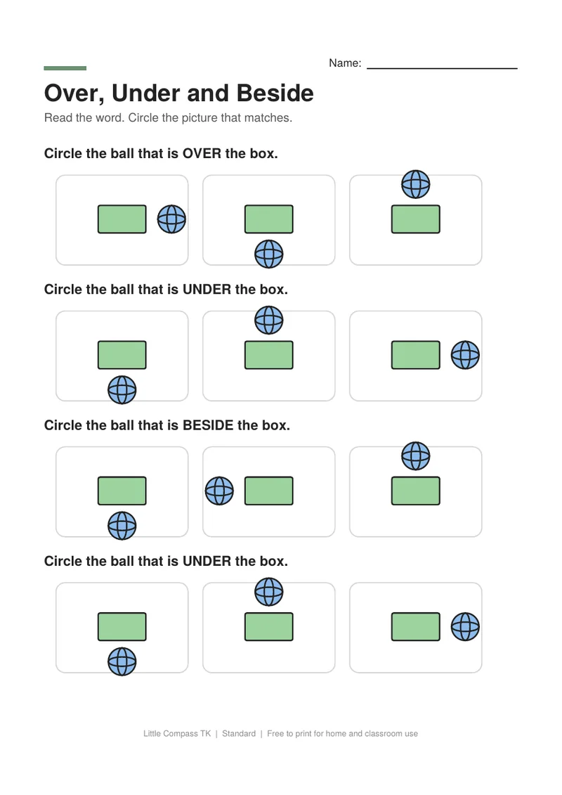 Printable worksheet with three pictures per row showing a ball over, under or beside a box