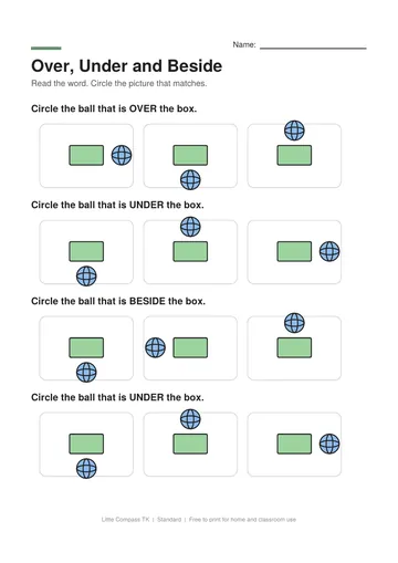 Printable worksheet with three pictures per row showing a ball over, under or beside a box