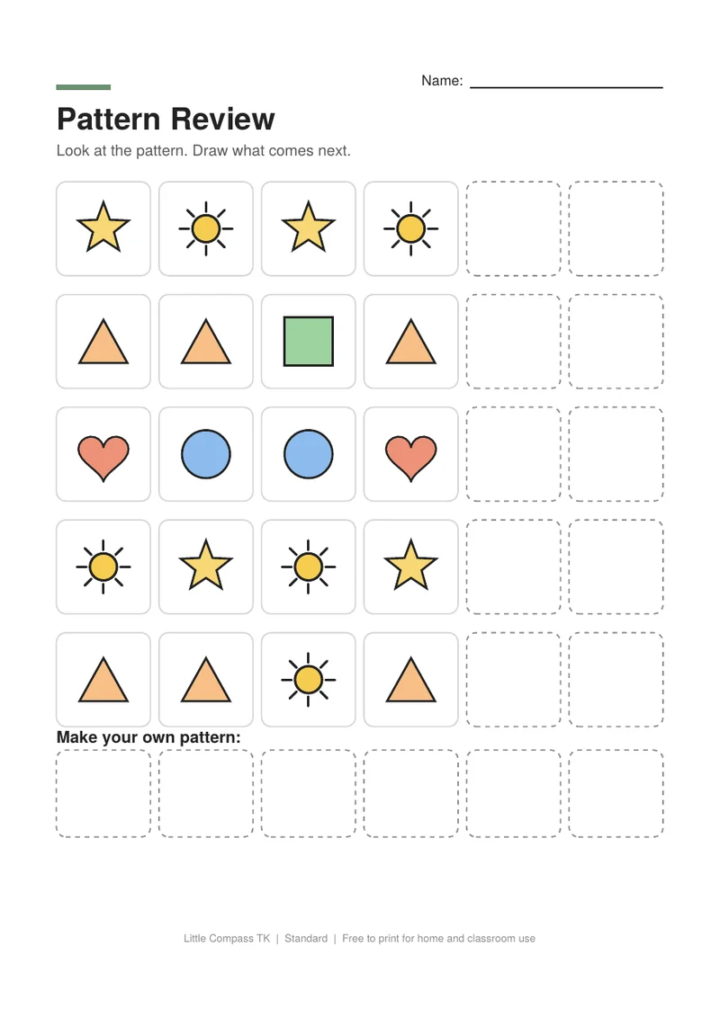 Printable worksheet with rows of repeating patterns and blank boxes to draw what comes next