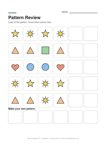 Printable worksheet with rows of repeating patterns and blank boxes to draw what comes next
