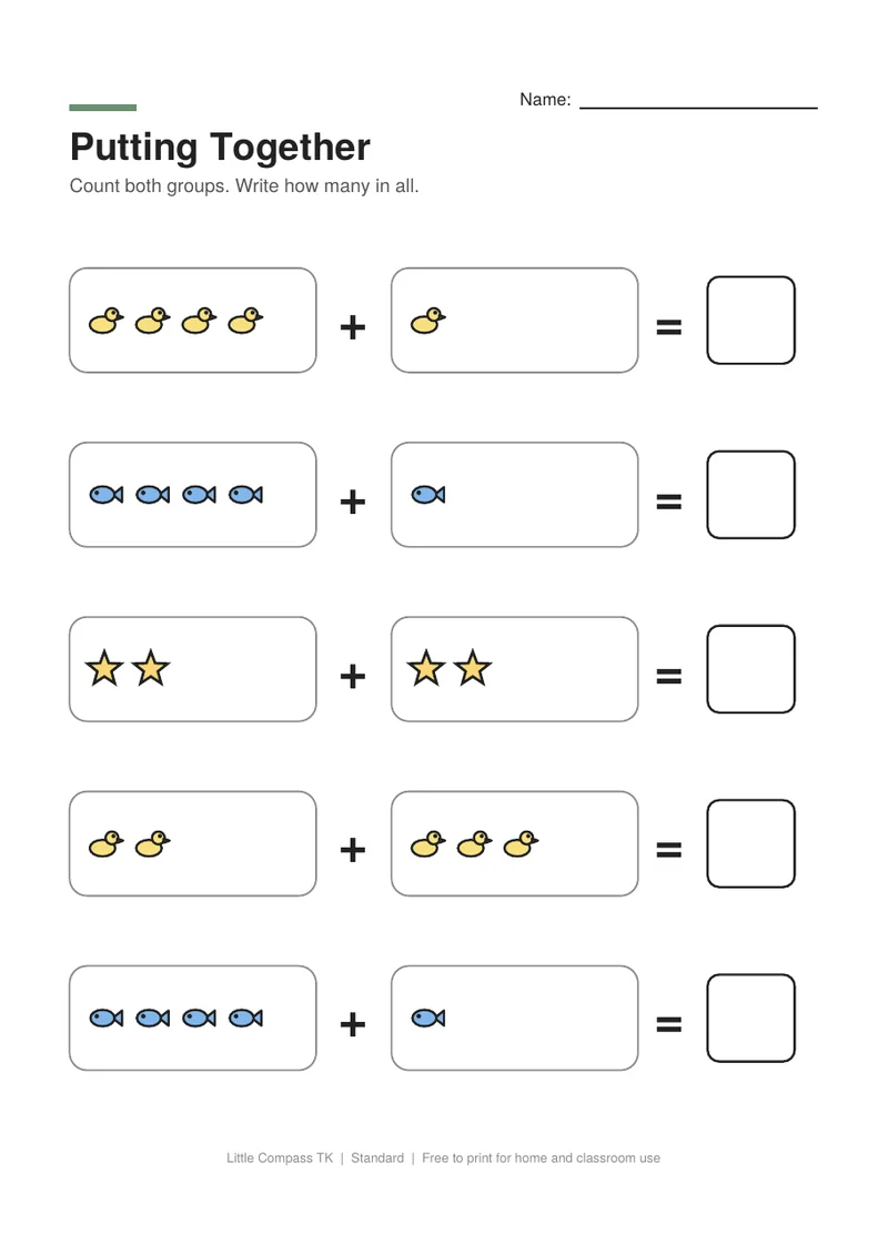 Printable worksheet with two groups of pictures joined by a plus sign and a box for the total