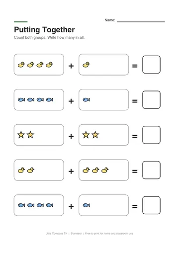 Printable worksheet with two groups of pictures joined by a plus sign and a box for the total