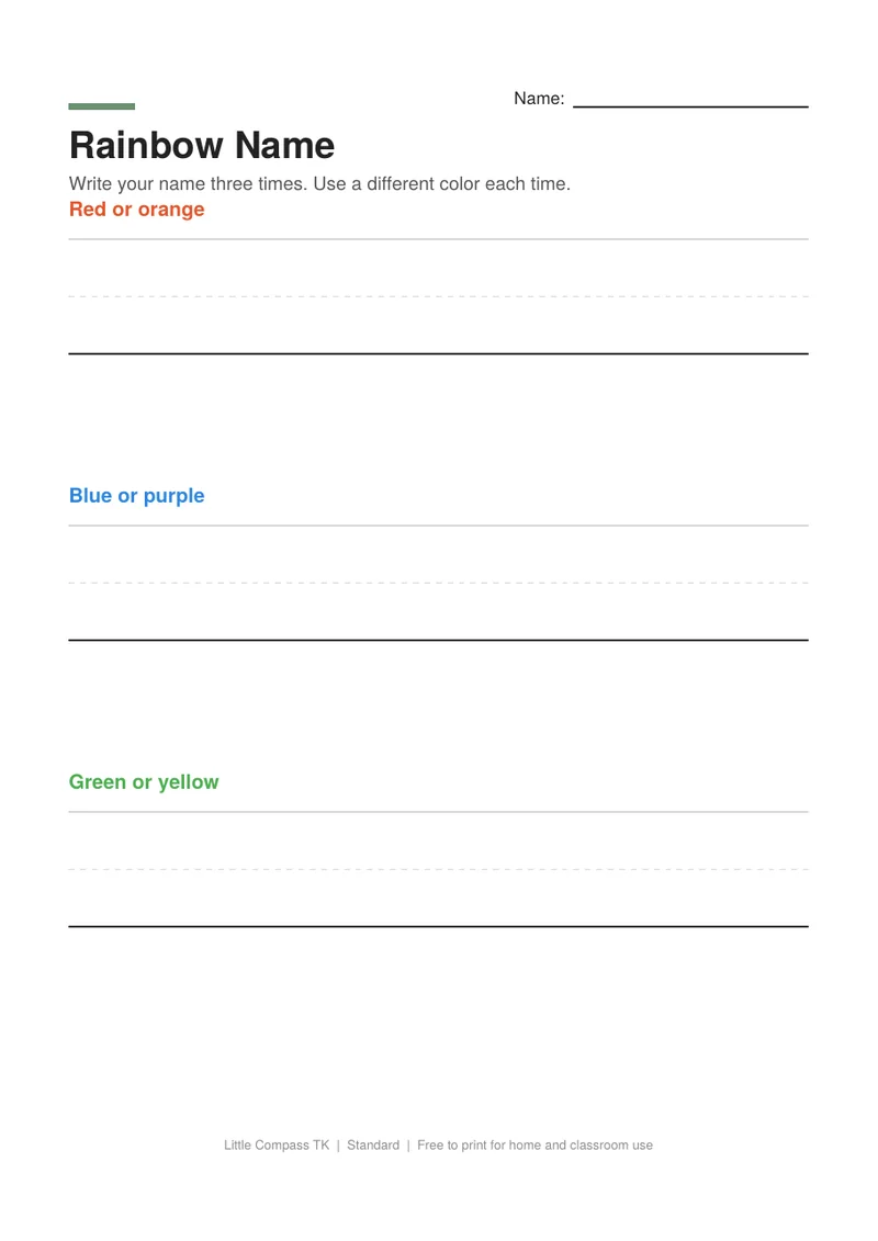 Printable worksheet with three writing lines for writing a name in three colors