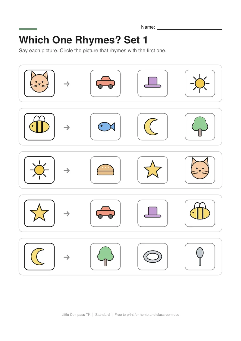 Printable worksheet with a picture in a box and choices to circle the one that rhymes