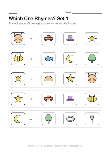 Printable worksheet with a picture in a box and choices to circle the one that rhymes