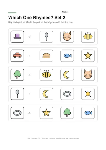 Printable worksheet with a picture in a box and choices to circle the one that rhymes