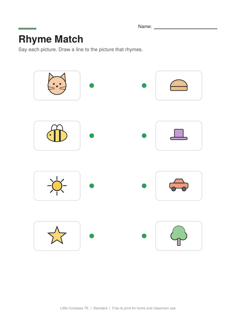 Printable worksheet with two columns of pictures to connect when their names rhyme