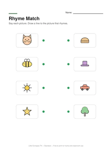 Printable worksheet with two columns of pictures to connect when their names rhyme