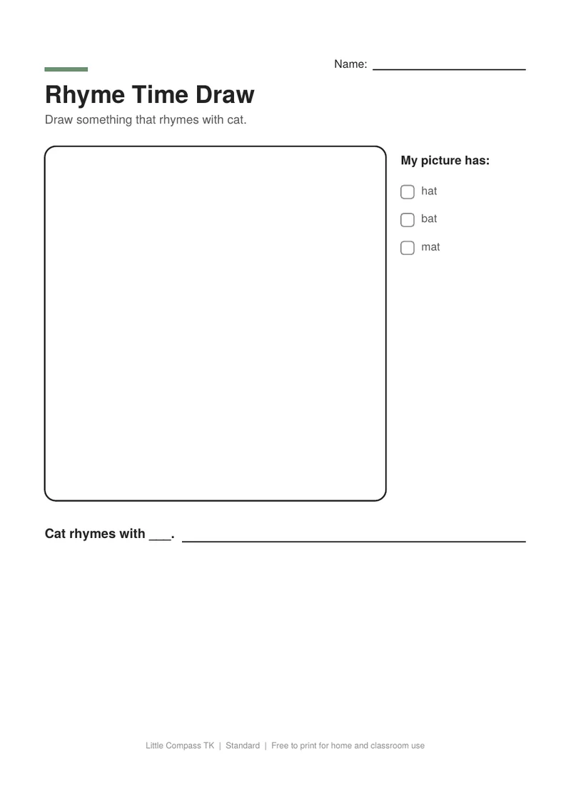 Printable worksheet with a drawing box and rhyming sentences to finish
