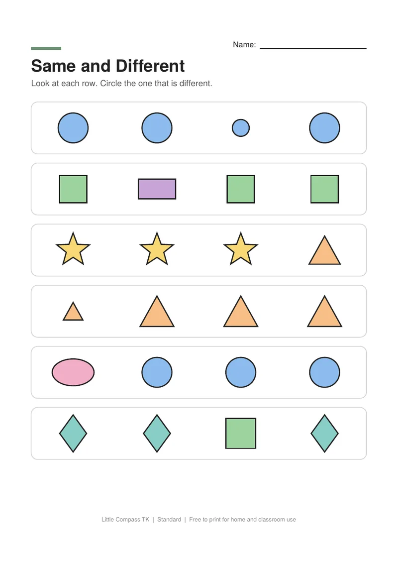 Printable worksheet with rows of shapes where one is different in size, shape or direction