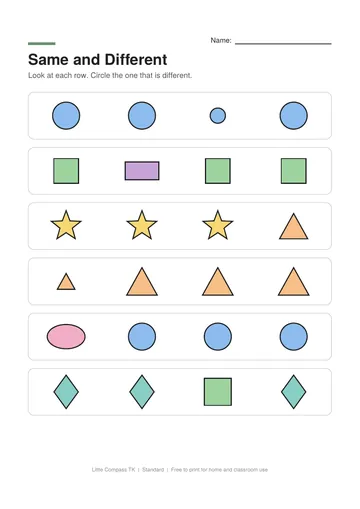 Printable worksheet with rows of shapes where one is different in size, shape or direction