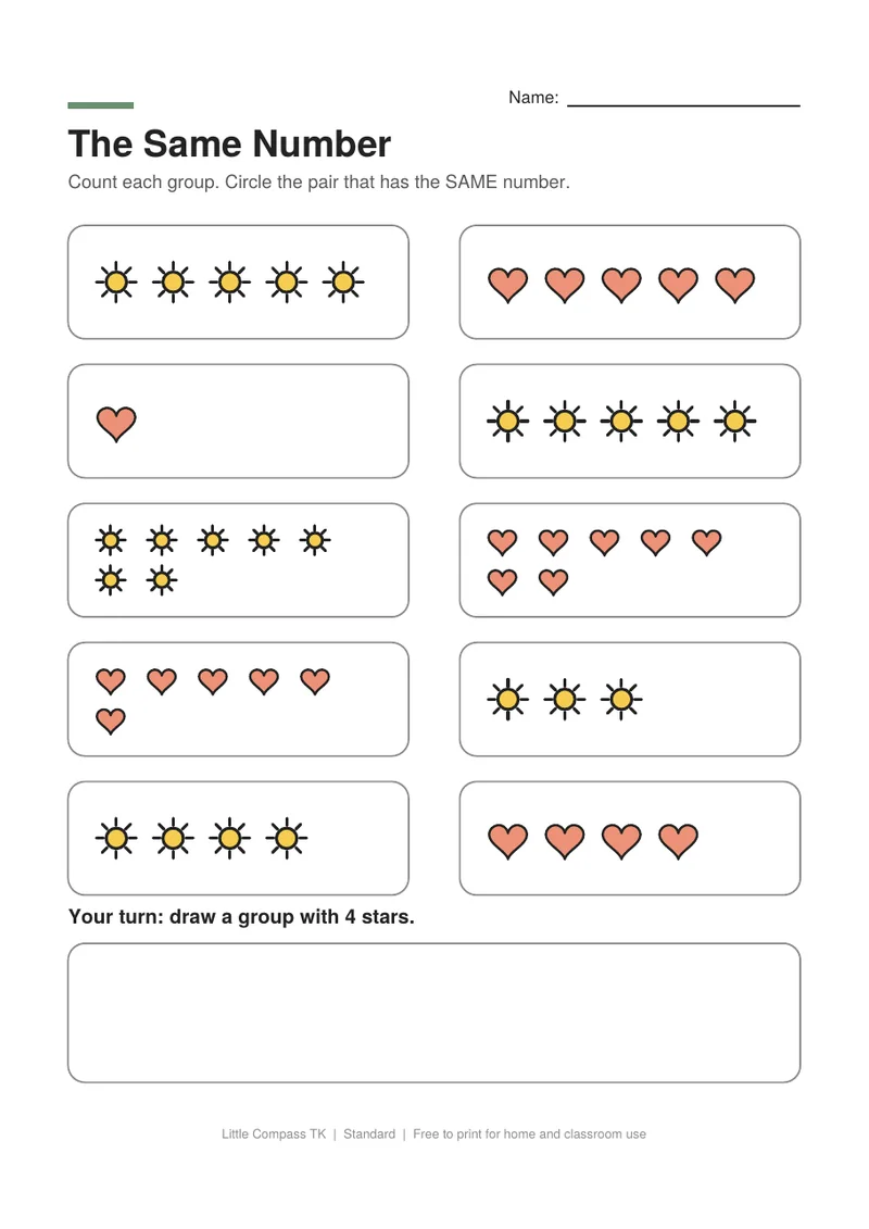Printable worksheet with pairs of groups to circle when both groups have the same number