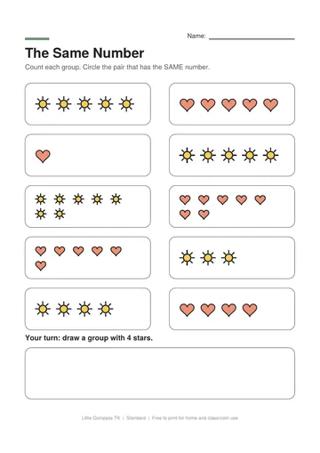 Printable worksheet with pairs of groups to circle when both groups have the same number