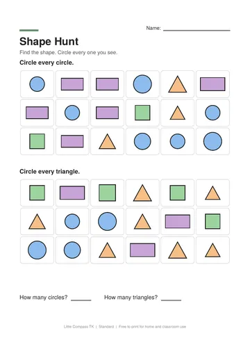 Printable worksheet with grids of mixed shapes where a child circles every circle, triangle, star or rectangle