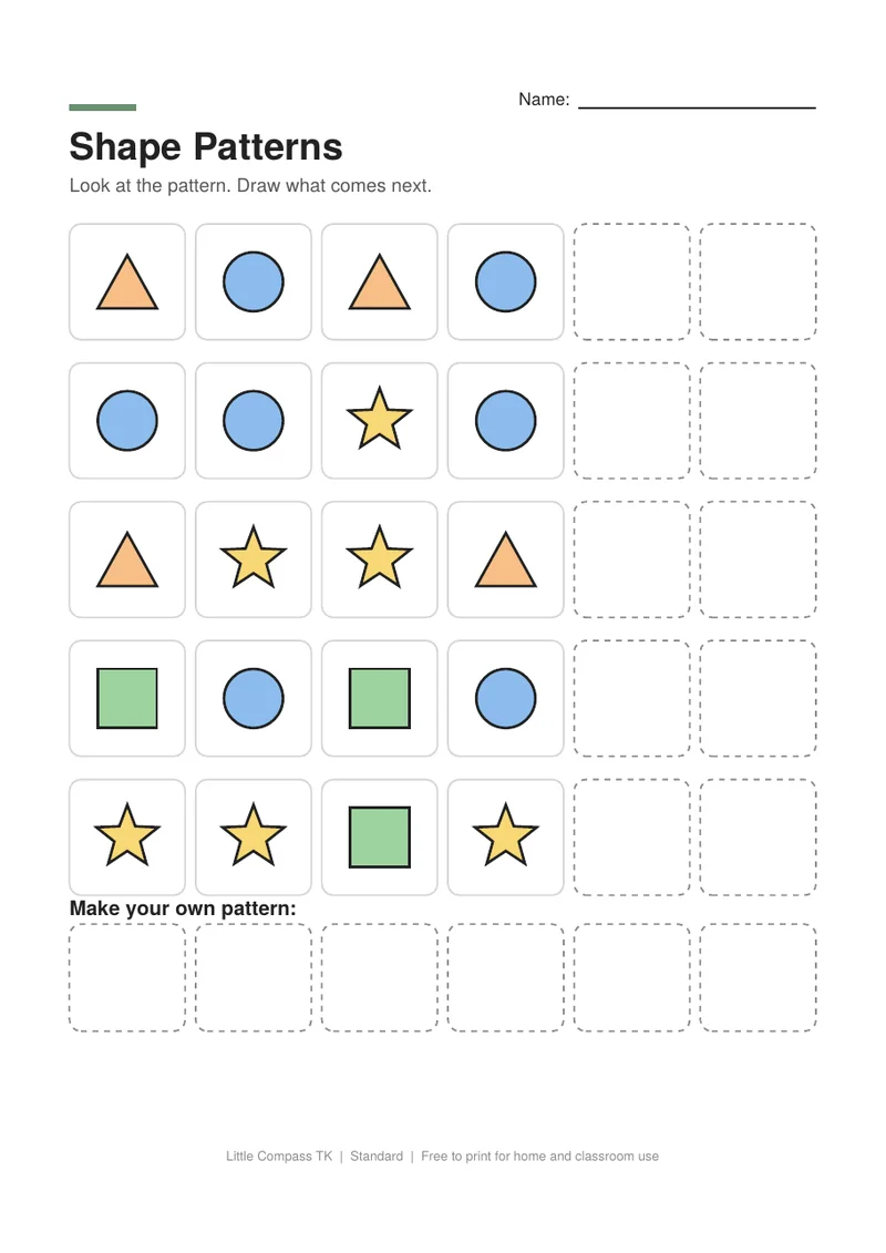 Printable worksheet with rows of repeating shape patterns and blank boxes to draw what comes next