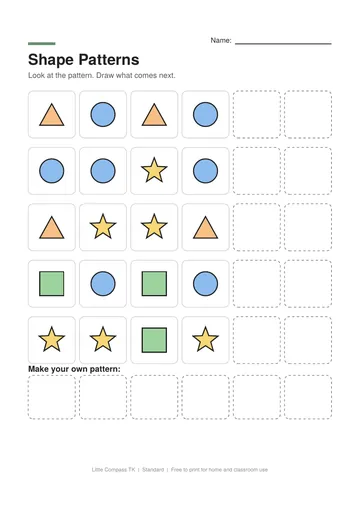 Printable worksheet with rows of repeating shape patterns and blank boxes to draw what comes next