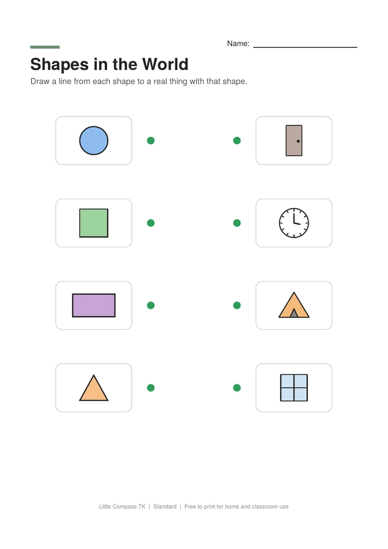 Printable worksheet with a circle, square, rectangle and triangle to connect to a clock, window, door and tent