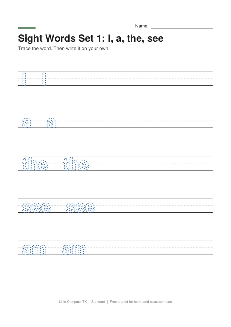 Printable worksheet with dashed sight words I, a, the, see on handwriting lines