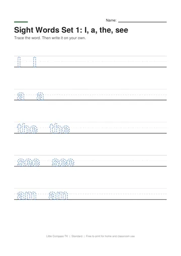 Printable worksheet with dashed sight words I, a, the, see on handwriting lines