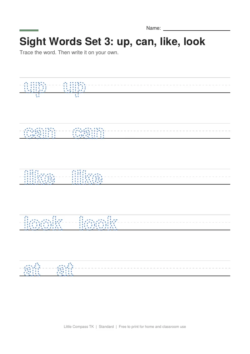 Printable worksheet with dashed sight words up, can, like, look on handwriting lines