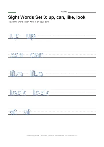 Printable worksheet with dashed sight words up, can, like, look on handwriting lines