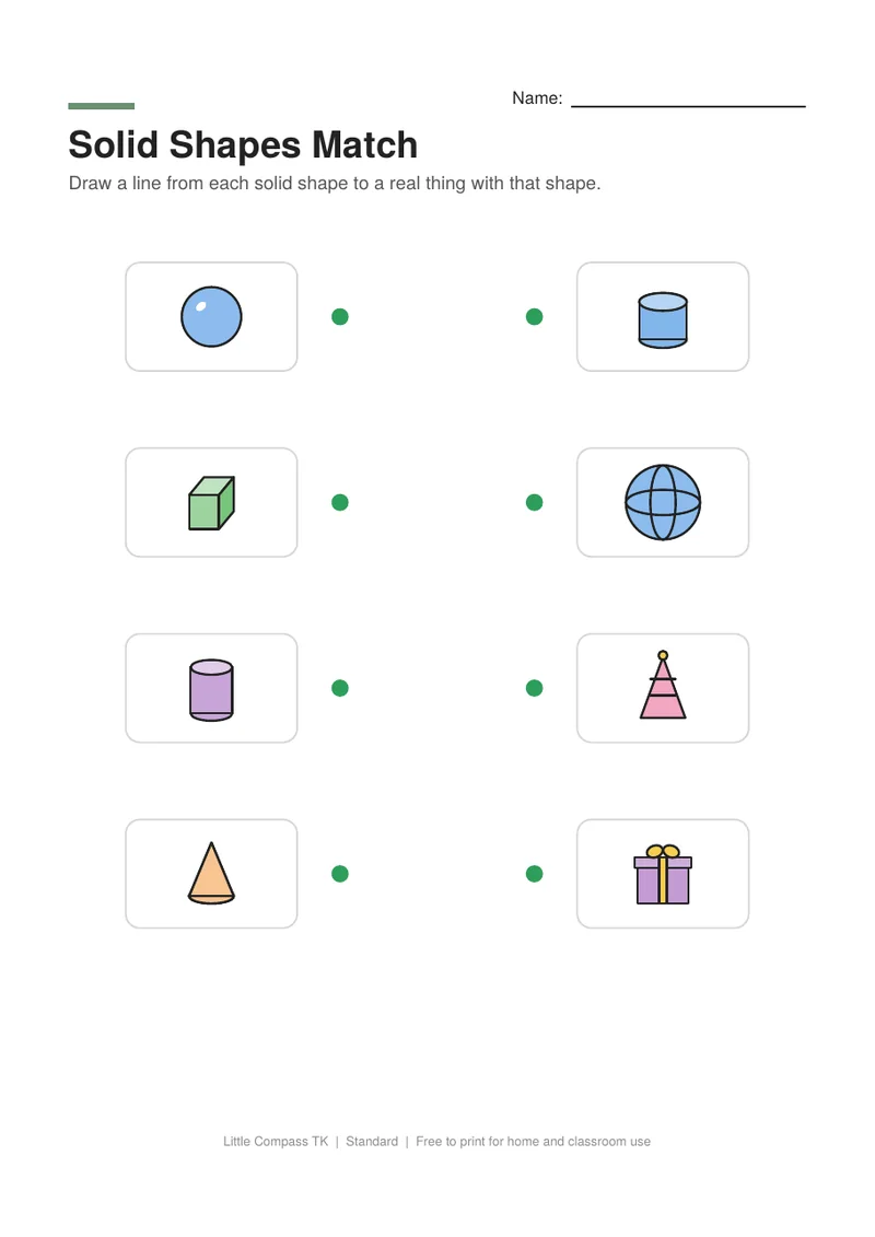 Printable worksheet connecting a sphere, cube, cylinder and cone to a ball, gift, drum and party hat