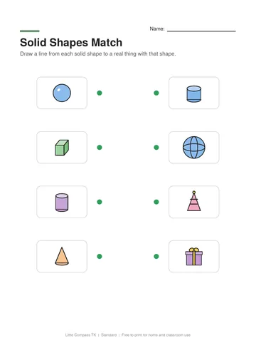 Printable worksheet connecting a sphere, cube, cylinder and cone to a ball, gift, drum and party hat