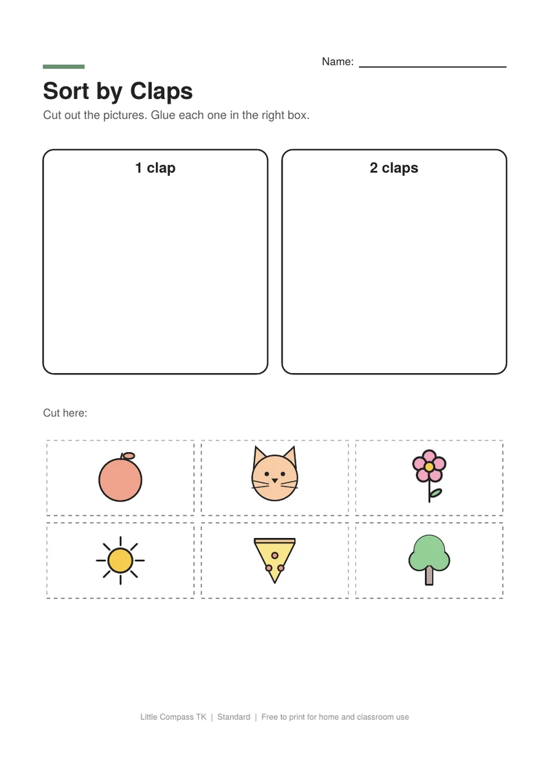 Printable worksheet with boxes labeled one clap, two claps and three claps and cut-out pictures to sort