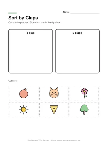 Printable worksheet with boxes labeled one clap, two claps and three claps and cut-out pictures to sort