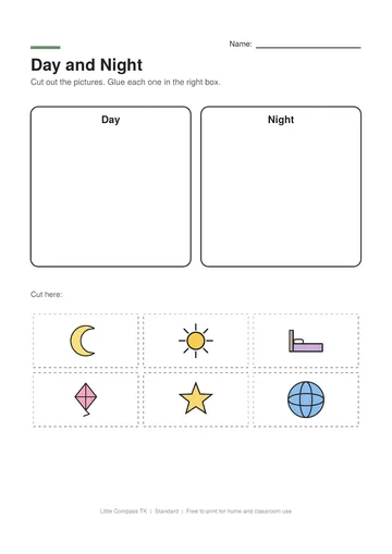 Printable worksheet with boxes for day and night and cut-out pictures to sort