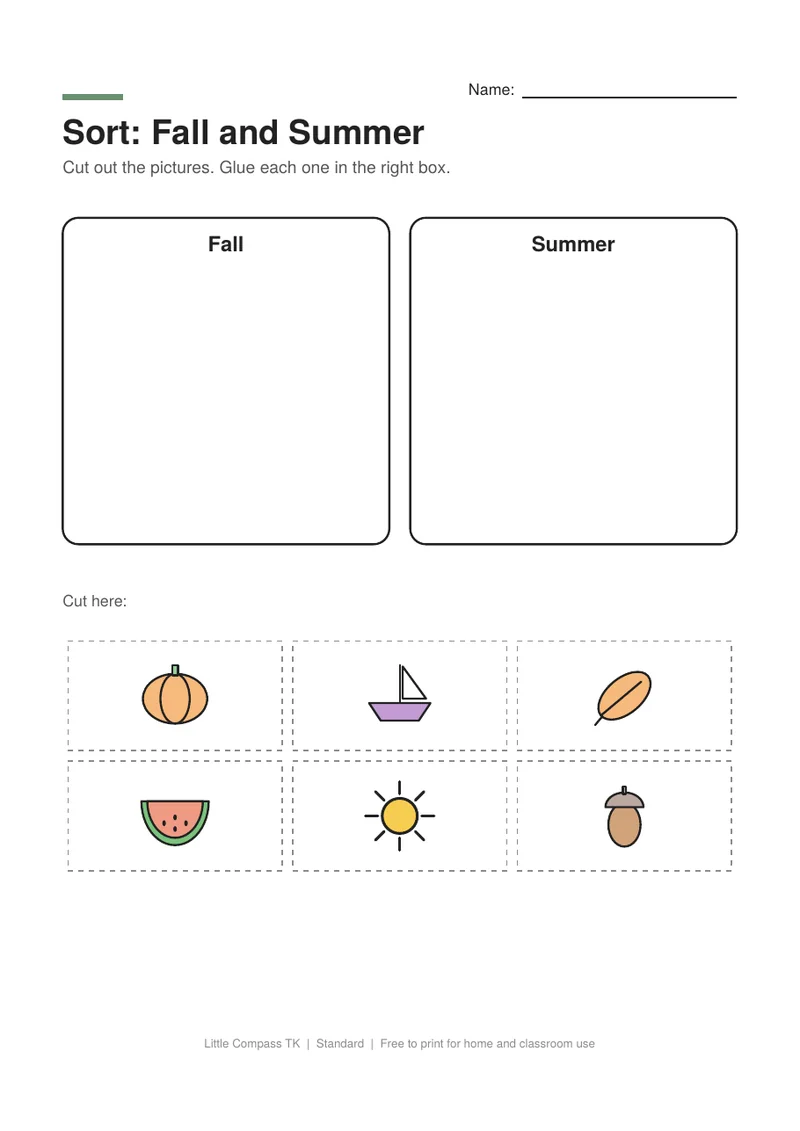 Printable worksheet with boxes labeled Fall and Summer and cut-out pictures of seasonal things to sort