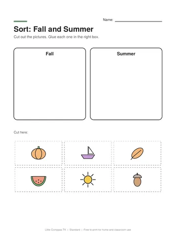Printable worksheet with boxes labeled Fall and Summer and cut-out pictures of seasonal things to sort