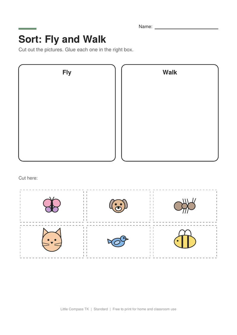 Printable worksheet with boxes for animals that fly and animals that walk and cut-out animal pictures to sort
